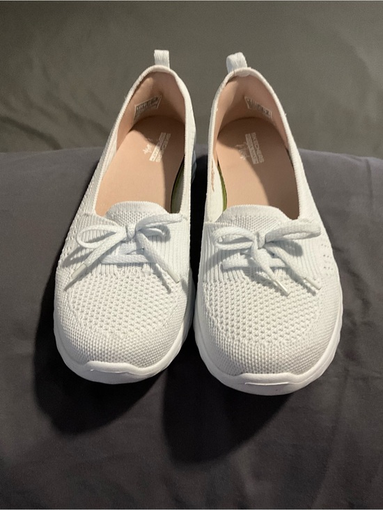 Skechers Shoes - Skechers White Knit Plush Slip-On Sneakers with Bow Accent